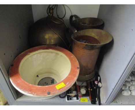 A mixed lot comprising copper jugs, a brass effect bulbous table lamp, a vintage cardboard laundry box, mixed ceramics, pens 