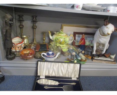 A mixed lot to include candlesticks, wine coaster, pictures, tribal carved figure and other items 