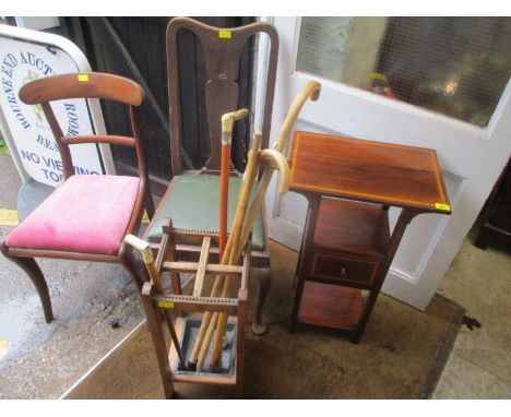 An Edwardian mahogany two tier stand, together with two dining chairs, and an early 20th century oak stick stand with mixed s