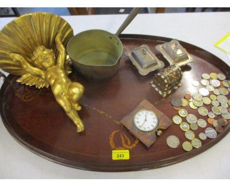 An Edwardian mahogany galleried tray with twin handles A/F, together with a Victorian milk pan, a modern gilt wall shelf, an 