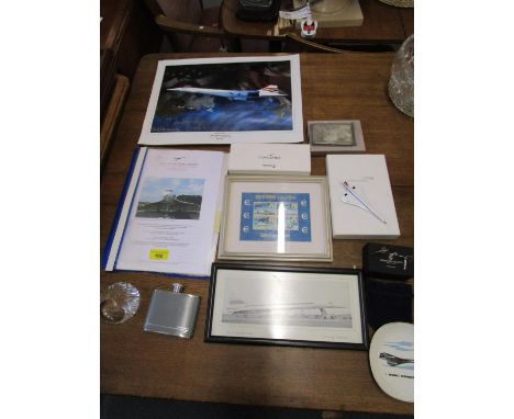 A collection of Concorde memorabilia to include a silver pin brooch and matching cuff links, makers mark LL, in a Deakin and 