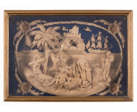 Diorama.- Dutch papercut diorama of a river scene with palm trees, figures gathering the harvest and tending sheep, and ships