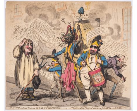 Satire.- Gillray (James) Alecto and her Train, at the Gate of Pandaemonium:-or-The Recruiting Sarjeant Enlisting John-Bull, i