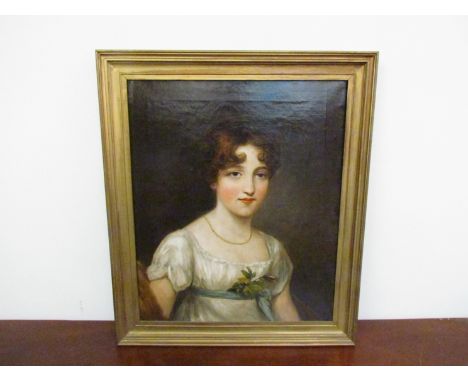 A 19th Century portrait of a Victorian lady in white silk dress with blue sash, 60cm x 49.5cm 
