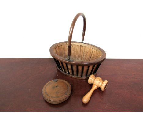 A late Victorian silk lined basket, a treen paper lantern (a/f) and a Phillips Bicentenary 1796-1996 cherry wood gavel, boxed