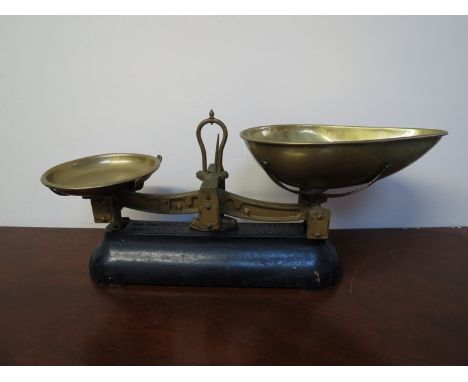 A vintage set of W&T Avery kitchen scales, 48cm long