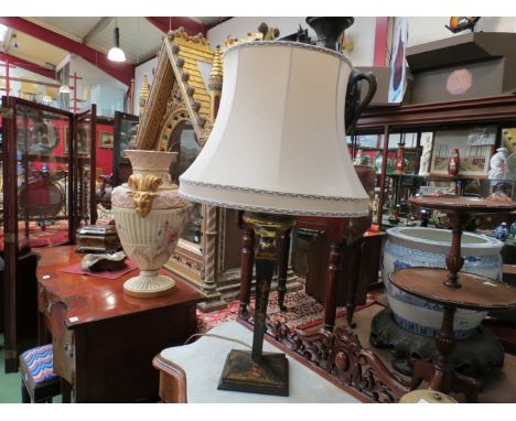 A chinoiserie painted oil lamp converted to electric (with shade)
