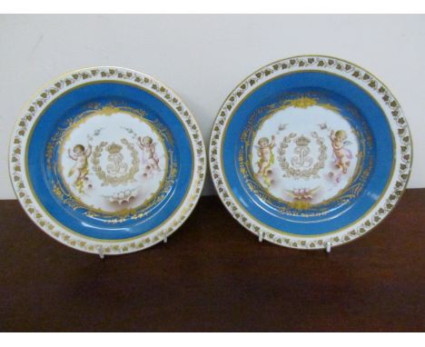 Sèvres Chateau des Tuileries, bowl and two plates with cherub detail monogrammed cartouche LP with crown 