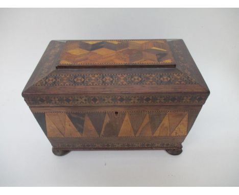 A 19th century parquetry, mixed veneered tea caddy of sarcophagus design, with a hinged lid enclosing twin lidded compartment