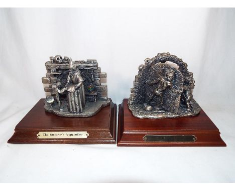 Two Myth and Magic pewter figurines on plinths entitled Dark Secrets and The Sorcerers Apprentice estimate £60 - £80