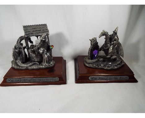 Two Myth and Magic pewter figurines on wooden plinths entitled The Well of Aspirations with a collection of Myth and Magic wi