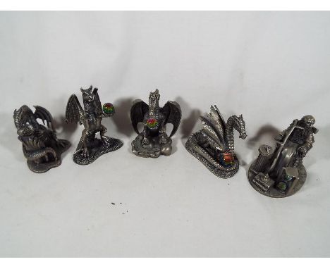 A collection of five Myth and Magic pewter figurines to include The Dragons Kiss, Old Father Time, The Dragon of the Lake, Th