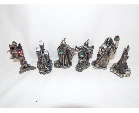 A collection of six Myth and Magic pewter figurines to include The Giant Sorcerer, The Incantation, The Wizard of the Summer,