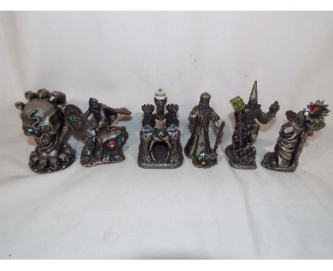 A collection of six Myth and Magic pewter figurines to include The Earth Wizard, The Dragon Gateway, The Fire Wizard, Fantasy