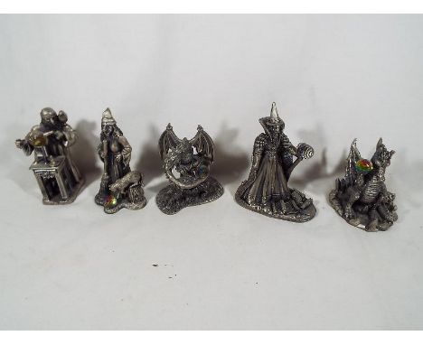 A collection of five Myth and magic pewter figurines to include the Ice Dragon, the Dragon of the Forest, the Witch and Famil