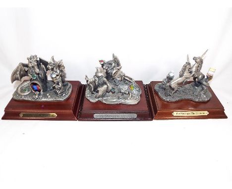 Three good quality Myth and Magic pewter figurines on wooden plinths to include The Keeper of the Dragons, The Meeting of the