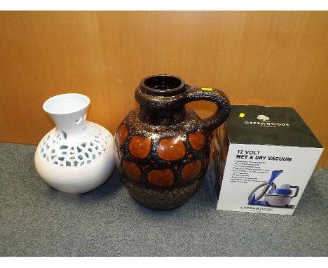 A large West German vase 39 cm (h), a golden Sanat vase with a pierced decoration 30 cm (h) and a Greenwood 12 volt Wet & Dry