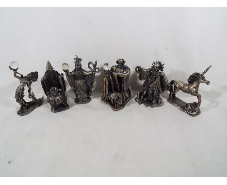 A collection of six Myth and Magic pewter figurines to include Fantasy and Legend Into Merlin's Care, the Wizard of Winter, T