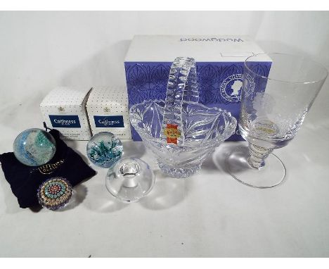 A collection of good quality glassware to include a Caithness lace tapestry paperweight, a Caithness mini Moon flower, a mill