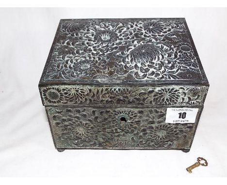 A heavy good quality white metal trinket box with a floral relief decoration, pink satin lined with key 14 cm x 18 cm x 13 cm