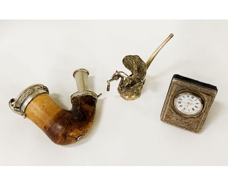 SILVER CASED TRAVEL CLOCK BY R.CARR INSCRIBED WITH AN EARLY KORN PIPE &amp; PIPE DEPICTING A DRAGON