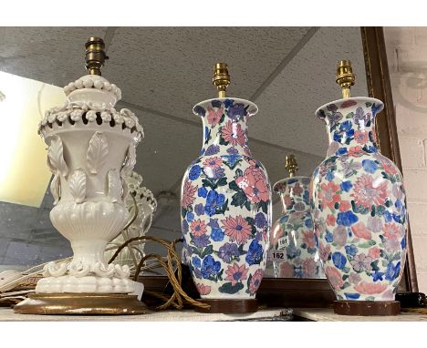 2 FLORAL CERAMIC LAMPS WITH ANOTHER LAMP 