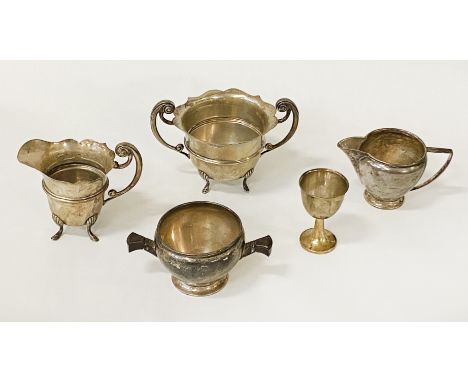 5 H/M SILVER ITEMS - 3 MILK JUGS, SUGAR BOWL &amp; EGGCUP - 16OZS APPROX