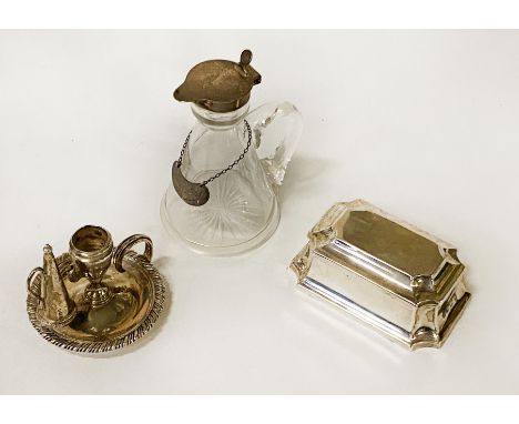 GEORGIAN HM SILVER CHAMBER STICK WITH HM SILVER LIDDED CASKET &amp; SILVER &amp; GLASS SMALL WHISKY DECANTER &amp; LABEL