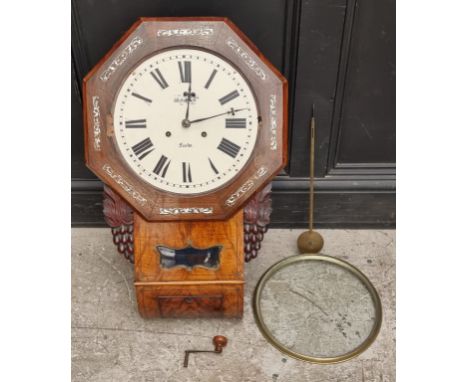 A Victorian rosewood and walnut drop dial wall clock,&nbsp;with mother-of-pearl inlay, the 12in painted dial indistinctly ins