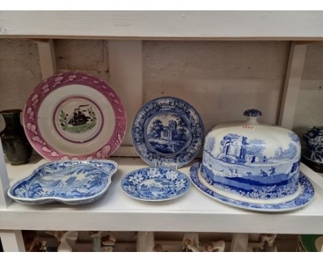 A small group of English pottery,&nbsp;to include a Sunderland lustre 'Success to the Tars of old England' soup plate, 26cm d