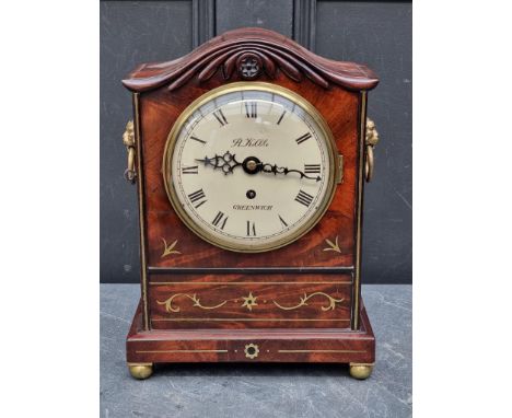 A mahogany and brass inlaid mantel clock,&nbsp;the 6in painted dial inscribed 'R Kibble, Greenwich', 34cm high, (restorations