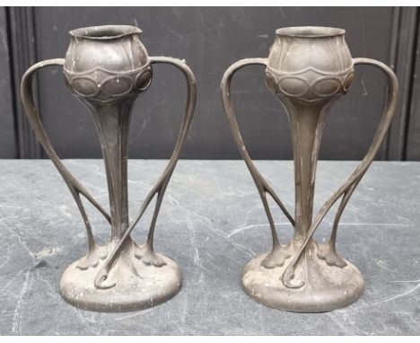 A pair of Tudric pewter twin handled vases,&nbsp;by Oliver Baker for Liberty &amp; Co, No. 029, 20.5cm high.