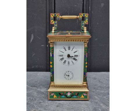 A cloisonné enamel and brass carriage clock,&nbsp;with alarm, centre seconds and push button repeat, height including handle 