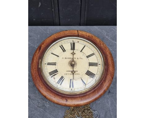 An old mahogany postman's alarm clock, the 9in painted circular dial inscribed 'J Rombach &amp; Co, Aberdeen &amp; Inverness'