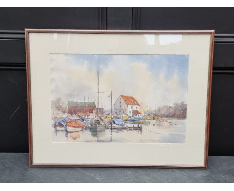 Sydney Foley, ‘Winter Moorings, Woodbridge’, signed, labelled verso, watercolour, 35 x 53.5cm.