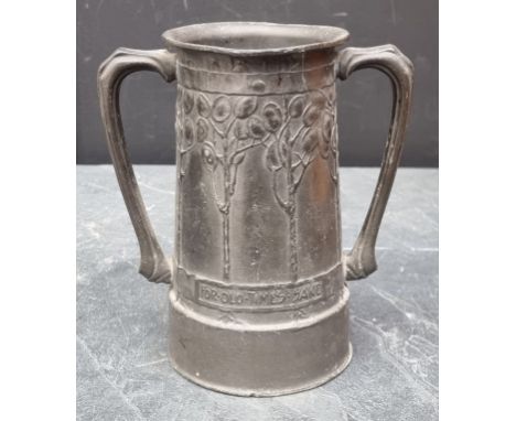 A Tudric pewter twin handled 'For Old Times Sake' vase,&nbsp;by David Veasey for Liberty &amp; Co, No. 010, 20cm high.