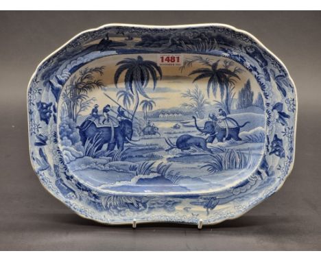 A 19th century Spode 'Hunting a Buffalo' pattern serving dish,&nbsp;from the 'Indian Sporting' series, 31.5cm wide, (restorat