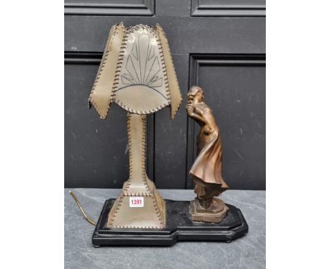 An Art Deco style figural table lamp,&nbsp;with celluloid shade, 46cm high.