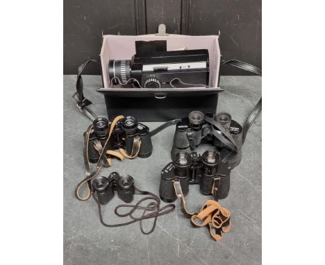 Cameras: five pairs of binoculars, to include Carl Zeiss Jenoptem 8x30W; together with a Bolex 250 movie camera, boxed with i