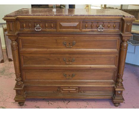 COMMODE, late 19th century French walnut with rouge marble top above four drawers flanked by columns, 101cm H x 118cm x 59cm 