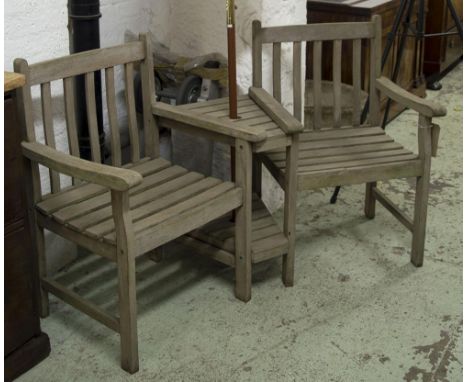 GARDEN ARMCHAIRS BENCH, weathered slatted teak two armchairs with conjoining table and parasol, 158cm W.