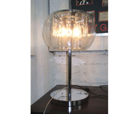 TABLE LAMP, glass bowl shade with crystal drops on chromed metal supports.