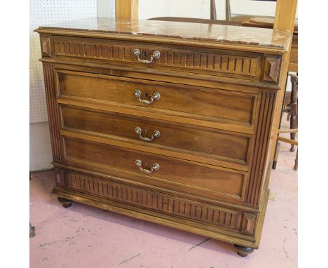 COMMODE, late 19th century French walnut with rouge marble top above four drawers, 103cm H x 114cm x 51cm D.