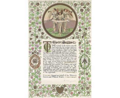 DUVAL (ELSIE)Illuminated printed address bearing stamped signature of Emmeline Pankhurst ('E. Pankhurst') presented to Elsie 