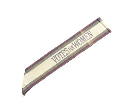'VOTES FOR WOMEN' SASHOriginal 'Votes for Women' tri-coloured suffragette sash, woven in purple, green and white with 'Votes 