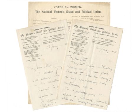 PANKHURST (CHRISTABEL)Two autograph letters signed with initials ('C.P.') to Ethel Smyth ('My dear Ethel'), the first outlini