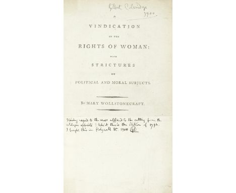 WOLLSTONECRAFT (MARY)A Vindication of the Rights of Woman with Strictures on Political and Moral Subjects,  second or third e