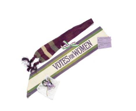 'VOTES FOR WOMEN' SASH - ROSE COWLINAn original 'Votes for Women' suffragette tri-coloured sash, woven in purple, green and w