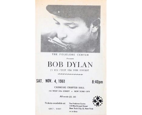 Bob Dylan, Carnegie Chapter Hall, Sat Nov 4th, 1961 Handbill. Just 53 people attended this concert, Dylans first in New York.