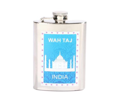 Ed Sheeran's hip flask, the steel case with a turquoise front and a picture of Wah Taj, India. All of the Ed Sheeran Collecti